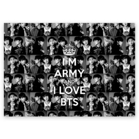 Поздравительная открытка с принтом I am army and I lover BTS в Тюмени, 100% бумага | плотность бумаги 280 г/м2, матовая, на обратной стороне линовка и место для марки
 | Тематика изображения на принте: bangtan boys | beyond the scene | boyband | boys | bts | chin | chonguk | collage | crown | edm | flowers | hip hop | jimin | jj hope | k pop | photo | r  b | rm | south korean | suga | wee | бойбенд | ви | джей хоуп | коллаж | корона | мальчики | с