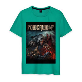 Мужская футболка хлопок с принтом Powerwolf в Тюмени, 100% хлопок | прямой крой, круглый вырез горловины, длина до линии бедер, слегка спущенное плечо. | Тематика изображения на принте: 