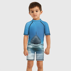 Детский купальный костюм 3D с принтом Анфас в Тюмени, Полиэстер 85%, Спандекс 15% | застежка на молнии на спине | bottom | fin | full face | jaw | ocean | sand | shark | water | акула | анфас | вода | дно | океан | песок | плавник