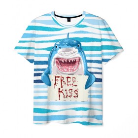 Мужская футболка 3D с принтом Free Kiss в Тюмени, 100% полиэфир | прямой крой, круглый вырез горловины, длина до линии бедер | Тематика изображения на принте: free kiss | акула | бесплатные поцелуи | вода | кровь | море | объявление | острые зубы | поцелуй | рыба | табличка | хищник