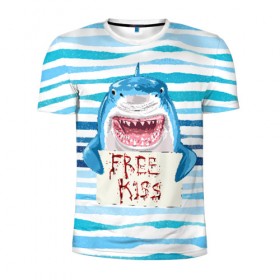 Мужская футболка 3D спортивная с принтом Free Kiss в Тюмени, 100% полиэстер с улучшенными характеристиками | приталенный силуэт, круглая горловина, широкие плечи, сужается к линии бедра | free kiss | акула | бесплатные поцелуи | вода | кровь | море | объявление | острые зубы | поцелуй | рыба | табличка | хищник