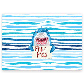 Поздравительная открытка с принтом Free Kiss в Тюмени, 100% бумага | плотность бумаги 280 г/м2, матовая, на обратной стороне линовка и место для марки
 | free kiss | акула | бесплатные поцелуи | вода | кровь | море | объявление | острые зубы | поцелуй | рыба | табличка | хищник