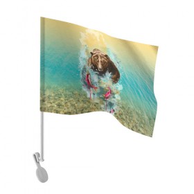 Флаг для автомобиля с принтом Рыбалка в Тюмени, 100% полиэстер | Размер: 30*21 см | берег | брызги | водка | животное | зверь | зубы | лес | медведь | мишка | оскал | охота | патриотизм | река | россия | русский | русь | рыба | символ | ссср | триколор | флаг | хищник