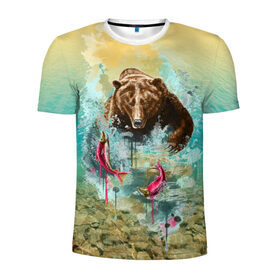Мужская футболка 3D спортивная с принтом Рыбалка в Тюмени, 100% полиэстер с улучшенными характеристиками | приталенный силуэт, круглая горловина, широкие плечи, сужается к линии бедра | берег | брызги | водка | животное | зверь | зубы | лес | медведь | мишка | оскал | охота | патриотизм | река | россия | русский | русь | рыба | символ | ссср | триколор | флаг | хищник
