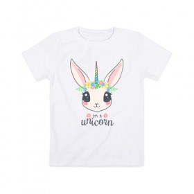 Детская футболка хлопок с принтом I`m a Unicorn в Тюмени, 100% хлопок | круглый вырез горловины, полуприлегающий силуэт, длина до линии бедер | unicorn | единорог | зайчик | зая | красиво | кролик | кроля | милашество | мило | на день рождения | подарок | радуга
