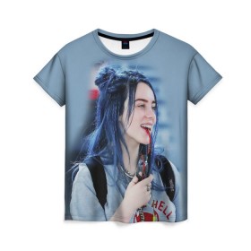 Женская футболка 3D с принтом BILLIE EILISH в Тюмени, 100% полиэфир ( синтетическое хлопкоподобное полотно) | прямой крой, круглый вырез горловины, длина до линии бедер | ayelish | bad guy | bellyache | bilie eilish | bilie elish | billie | billie eilish | eilish | electronic | elish | music | били айлиш | билли айлиш | эйлиш | элиш