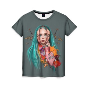 Женская футболка 3D с принтом BILLIE EILISH в Тюмени, 100% полиэфир ( синтетическое хлопкоподобное полотно) | прямой крой, круглый вырез горловины, длина до линии бедер | ayelish | bad guy | bellyache | bilie eilish | bilie elish | billie | billie eilish | eilish | electronic | elish | music | били айлиш | билли айлиш | эйлиш | элиш