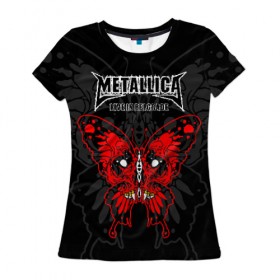 Женская футболка 3D с принтом Metallica в Тюмени, 100% полиэфир ( синтетическое хлопкоподобное полотно) | прямой крой, круглый вырез горловины, длина до линии бедер | american | butterfly | devil | fangs | james hetfield | kirk hammett | metal band | metallica | music | mystic | red | rock | skull | vampire | американская | бабочка | вампир | джеймс хетфилд | дьявол | кирк хэмметт | клыки | красная | ларс ульрих | мета