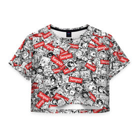 Женская футболка Cropp-top с принтом Senpai ahegao в Тюмени, 100% полиэстер | круглая горловина, длина футболки до линии талии, рукава с отворотами | ahegao | anime | manga | senpai | аниме | ахегао | манга | паттерн | сенпай