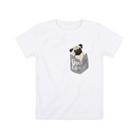 Детская футболка хлопок с принтом Мопс в кармане в Тюмени, 100% хлопок | круглый вырез горловины, полуприлегающий силуэт, длина до линии бедер | Тематика изображения на принте: pug | карман | карманный мопс | малыш | милый | мопс | пес | песик | собака | собачка