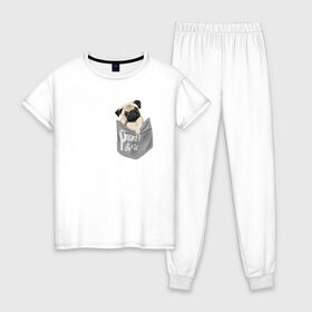 Женская пижама хлопок с принтом Мопс в кармане в Тюмени, 100% хлопок | брюки и футболка прямого кроя, без карманов, на брюках мягкая резинка на поясе и по низу штанин | pug | карман | карманный мопс | малыш | милый | мопс | пес | песик | собака | собачка