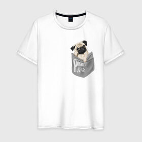 Мужская футболка хлопок с принтом Мопс в кармане в Тюмени, 100% хлопок | прямой крой, круглый вырез горловины, длина до линии бедер, слегка спущенное плечо. | pug | карман | карманный мопс | малыш | милый | мопс | пес | песик | собака | собачка