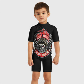 Детский купальный костюм 3D с принтом Five Finger Death Punch в Тюмени, Полиэстер 85%, Спандекс 15% | застежка на молнии на спине | 5fdp | ffdp | five finger | five finger death | five finger death punch | metal | rock | метал | рок