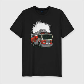 Мужская футболка премиум с принтом Пожарная Машина в Тюмени, 92% хлопок, 8% лайкра | приталенный силуэт, круглый вырез ворота, длина до линии бедра, короткий рукав | огонь | пожар | пожарная | пожарная охрана | пожарник | пожарный