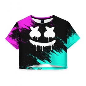 Женская футболка Cropp-top с принтом MARSHMELLO MELT в Тюмени, 100% полиэстер | круглая горловина, длина футболки до линии талии, рукава с отворотами | america | dj | marshmello | usa | америка | брызги | краски | маршмелло