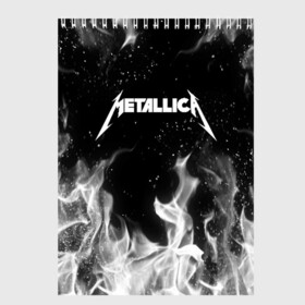 Скетчбук с принтом METALLICA (НА СПИНЕ) в Тюмени, 100% бумага
 | 48 листов, плотность листов — 100 г/м2, плотность картонной обложки — 250 г/м2. Листы скреплены сверху удобной пружинной спиралью | Тематика изображения на принте: fire | flame | metallica | металлика | огонь | пламя