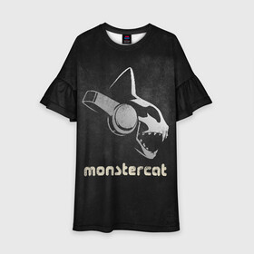 Детское платье 3D с принтом Monstercat в Тюмени, 100% полиэстер | прямой силуэт, чуть расширенный к низу. Круглая горловина, на рукавах — воланы | Тематика изображения на принте: monstercat | клуб | клубная музыка | кот | котенок | кошка | лейбл | монстар | монстар кет | монстер | музыка | танцевальная музыка | электронная | электронная музыка