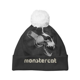 Шапка 3D c помпоном с принтом Monstercat в Тюмени, 100% полиэстер | универсальный размер, печать по всей поверхности изделия | monstercat | клуб | клубная музыка | кот | котенок | кошка | лейбл | монстар | монстар кет | монстер | музыка | танцевальная музыка | электронная | электронная музыка