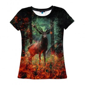 Женская футболка 3D с принтом Олень в горящем лесу Сибири в Тюмени, 100% полиэфир ( синтетическое хлопкоподобное полотно) | прямой крой, круглый вырез горловины, длина до линии бедер | животные | лес | огонь | олень | пламы | пожар | сибирь