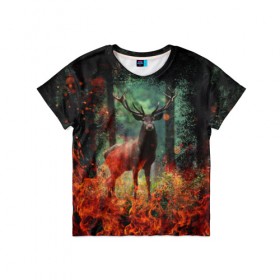 Детская футболка 3D с принтом Олень в горящем лесу Сибири в Тюмени, 100% гипоаллергенный полиэфир | прямой крой, круглый вырез горловины, длина до линии бедер, чуть спущенное плечо, ткань немного тянется | Тематика изображения на принте: животные | лес | огонь | олень | пламы | пожар | сибирь