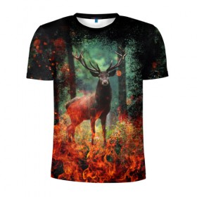 Мужская футболка 3D спортивная с принтом Олень в горящем лесу Сибири в Тюмени, 100% полиэстер с улучшенными характеристиками | приталенный силуэт, круглая горловина, широкие плечи, сужается к линии бедра | животные | лес | огонь | олень | пламы | пожар | сибирь