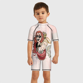 Детский купальный костюм 3D с принтом Good Omens в Тюмени, Полиэстер 85%, Спандекс 15% | застежка на молнии на спине | good | omens | sheen | tennant | азирафель | ангел | благие знамения | демон | кроули | падший | теннант | шин