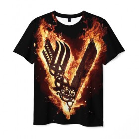 Мужская футболка 3D с принтом Vikings в Тюмени, 100% полиэфир | прямой крой, круглый вырез горловины, длина до линии бедер | ragnar | viking | vikings | викинг | викинги | меч | огонь | рагнар | скандинавы