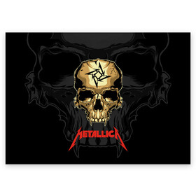 Поздравительная открытка с принтом Metallica  в Тюмени, 100% бумага | плотность бумаги 280 г/м2, матовая, на обратной стороне линовка и место для марки
 | Тематика изображения на принте: american | james hetfield | kirk hammett | l | metal band | metallic | metallica | music | robot | rock | scales | sitting | skeleton | skull | throne | американская | джеймс хетфилд | кирк хэмметт | ларс ульрих | логотип | метал группа | металл