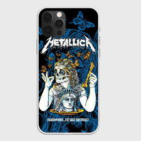 Чехол для iPhone 12 Pro с принтом Metallica  в Тюмени, силикон | область печати: задняя сторона чехла, без боковых панелей | Тематика изображения на принте: american | bone | butterflies | death | fly | girl | head | james hetfield | kirk hammett | metal band | metallica | music | plate | rock | skull | statue of liberty | американская | бабочки | голова | девушка | держит | кость | кушает | летают | металлик