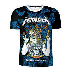 Мужская футболка 3D спортивная с принтом Metallica в Тюмени, 100% полиэстер с улучшенными характеристиками | приталенный силуэт, круглая горловина, широкие плечи, сужается к линии бедра | Тематика изображения на принте: american | bone | butterflies | death | fly | girl | head | james hetfield | kirk hammett | metal band | metallica | music | plate | rock | skull | statue of liberty | американская | бабочки | голова | девушка | держит | кость | кушает | летают | металлик