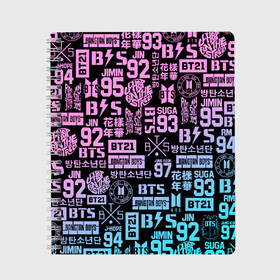 Тетрадь с принтом BTS LOGOBOMBING в Тюмени, 100% бумага | 48 листов, плотность листов — 60 г/м2, плотность картонной обложки — 250 г/м2. Листы скреплены сбоку удобной пружинной спиралью. Уголки страниц и обложки скругленные. Цвет линий — светло-серый
 | Тематика изображения на принте: bangtan boys | bt21 | bts | бтс