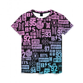 Женская футболка 3D с принтом BTS LOGOBOMBING в Тюмени, 100% полиэфир ( синтетическое хлопкоподобное полотно) | прямой крой, круглый вырез горловины, длина до линии бедер | Тематика изображения на принте: bangtan boys | bt21 | bts | бтс