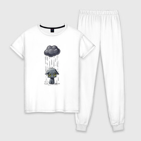 Женская пижама хлопок с принтом Грустный Котик в Тюмени, 100% хлопок | брюки и футболка прямого кроя, без карманов, на брюках мягкая резинка на поясе и по низу штанин | грустный котик | дождь | котик | облако