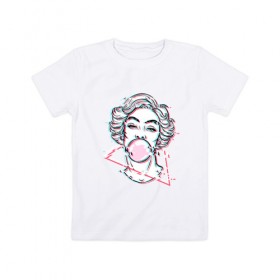 Детская футболка хлопок с принтом blowing bubble gum glitch в Тюмени, 100% хлопок | круглый вырез горловины, полуприлегающий силуэт, длина до линии бедер | blowing | bubble gum | абстракция | глитч | девушка | жвачка | линии | мода | психоделика | пузырь