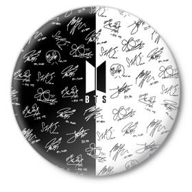Значок с принтом BTS АВТОГРАФЫ в Тюмени,  металл | круглая форма, металлическая застежка в виде булавки | bangtan boys | bt21 | bts | бтс