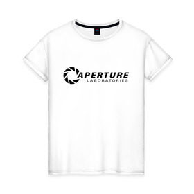 Женская футболка хлопок с принтом Aperture laboratorie (+ спина) в Тюмени, 100% хлопок | прямой крой, круглый вырез горловины, длина до линии бедер, слегка спущенное плечо | aperture | chell | half life | головоломка | испытуемый | портал | телепорт | челл
