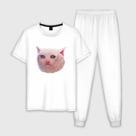 Мужская пижама хлопок с принтом Плачущий кот в Тюмени, 100% хлопок | брюки и футболка прямого кроя, без карманов, на брюках мягкая резинка на поясе и по низу штанин
 | cat | crying | meme | кот | мем | плачущий