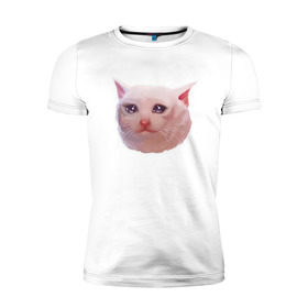 Мужская футболка премиум с принтом Плачущий кот в Тюмени, 92% хлопок, 8% лайкра | приталенный силуэт, круглый вырез ворота, длина до линии бедра, короткий рукав | Тематика изображения на принте: cat | crying | meme | кот | мем | плачущий