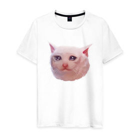 Мужская футболка хлопок с принтом Плачущий кот в Тюмени, 100% хлопок | прямой крой, круглый вырез горловины, длина до линии бедер, слегка спущенное плечо. | Тематика изображения на принте: cat | crying | meme | кот | мем | плачущий