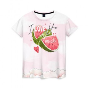 Женская футболка 3D с принтом I love you very much в Тюмени, 100% полиэфир ( синтетическое хлопкоподобное полотно) | прямой крой, круглый вырез горловины, длина до линии бедер | арбуз | ваниль | влюбленные | лето | люблю тебя | любовь | сердечко | сердце | я люблю