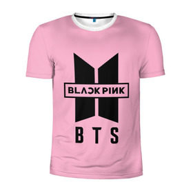 Мужская футболка 3D спортивная с принтом BTS and BLACKPINK в Тюмени, 100% полиэстер с улучшенными характеристиками | приталенный силуэт, круглая горловина, широкие плечи, сужается к линии бедра | bangtan boys | black | blackpink | bt21 | bts | k pop | pink | rose | блек пинк | блекпинк | блэк пинк | блэкпинк | бтс