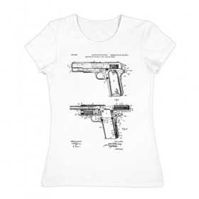 Женская футболка хлопок с принтом Пистолет в Тюмени, 100% хлопок | прямой крой, круглый вырез горловины, длина до линии бедер, слегка спущенное плечо | Тематика изображения на принте: patent | армия | идея | история | оружие | патент | пистолет | разработка | чертеж | чертежи