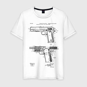 Мужская футболка хлопок с принтом Пистолет в Тюмени, 100% хлопок | прямой крой, круглый вырез горловины, длина до линии бедер, слегка спущенное плечо. | Тематика изображения на принте: patent | армия | идея | история | оружие | патент | пистолет | разработка | чертеж | чертежи