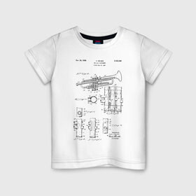 Детская футболка хлопок с принтом Musical instrument в Тюмени, 100% хлопок | круглый вырез горловины, полуприлегающий силуэт, длина до линии бедер | patent | звук | идея | история | музыка | патент | разработка | труба | трубач | чертеж | чертежи