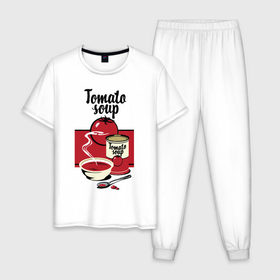 Мужская пижама хлопок с принтом Томатный суп в Тюмени, 100% хлопок | брюки и футболка прямого кроя, без карманов, на брюках мягкая резинка на поясе и по низу штанин
 | flat | food | poster | retro | soup | spoon | steam | tomato | еда | ложка | пар | плакат | помидор | ретро | суп | тарелка
