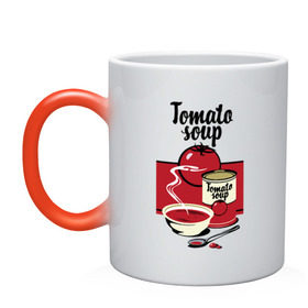 Кружка хамелеон с принтом Томатный суп в Тюмени, керамика | меняет цвет при нагревании, емкость 330 мл | flat | food | poster | retro | soup | spoon | steam | tomato | еда | ложка | пар | плакат | помидор | ретро | суп | тарелка