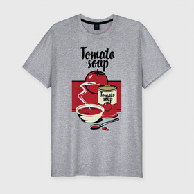 Мужская футболка хлопок Slim с принтом Томатный суп в Тюмени, 92% хлопок, 8% лайкра | приталенный силуэт, круглый вырез ворота, длина до линии бедра, короткий рукав | Тематика изображения на принте: flat | food | poster | retro | soup | spoon | steam | tomato | еда | ложка | пар | плакат | помидор | ретро | суп | тарелка