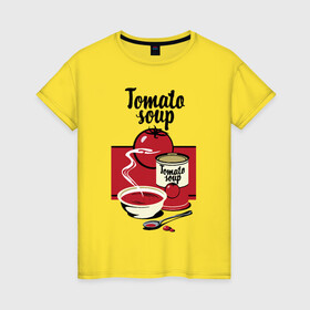Женская футболка хлопок с принтом Томатный суп в Тюмени, 100% хлопок | прямой крой, круглый вырез горловины, длина до линии бедер, слегка спущенное плечо | flat | food | poster | retro | soup | spoon | steam | tomato | еда | ложка | пар | плакат | помидор | ретро | суп | тарелка