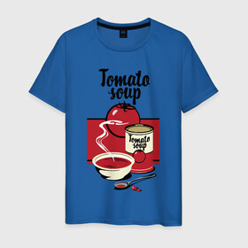 Мужская футболка хлопок с принтом Томатный суп в Тюмени, 100% хлопок | прямой крой, круглый вырез горловины, длина до линии бедер, слегка спущенное плечо. | Тематика изображения на принте: flat | food | poster | retro | soup | spoon | steam | tomato | еда | ложка | пар | плакат | помидор | ретро | суп | тарелка