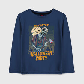 Детский лонгслив хлопок с принтом Halloween party в Тюмени, 100% хлопок | круглый вырез горловины, полуприлегающий силуэт, длина до линии бедер | Тематика изображения на принте: axe | bat | blood | cross | halloween | horror | jaw | moon | night | party | skeleton | tomb | tree | view | zombie | вечеринка | гробница | дерево | крест | кровь | летучая мышь | луна | ночь | скелет | топор | хэллоуин